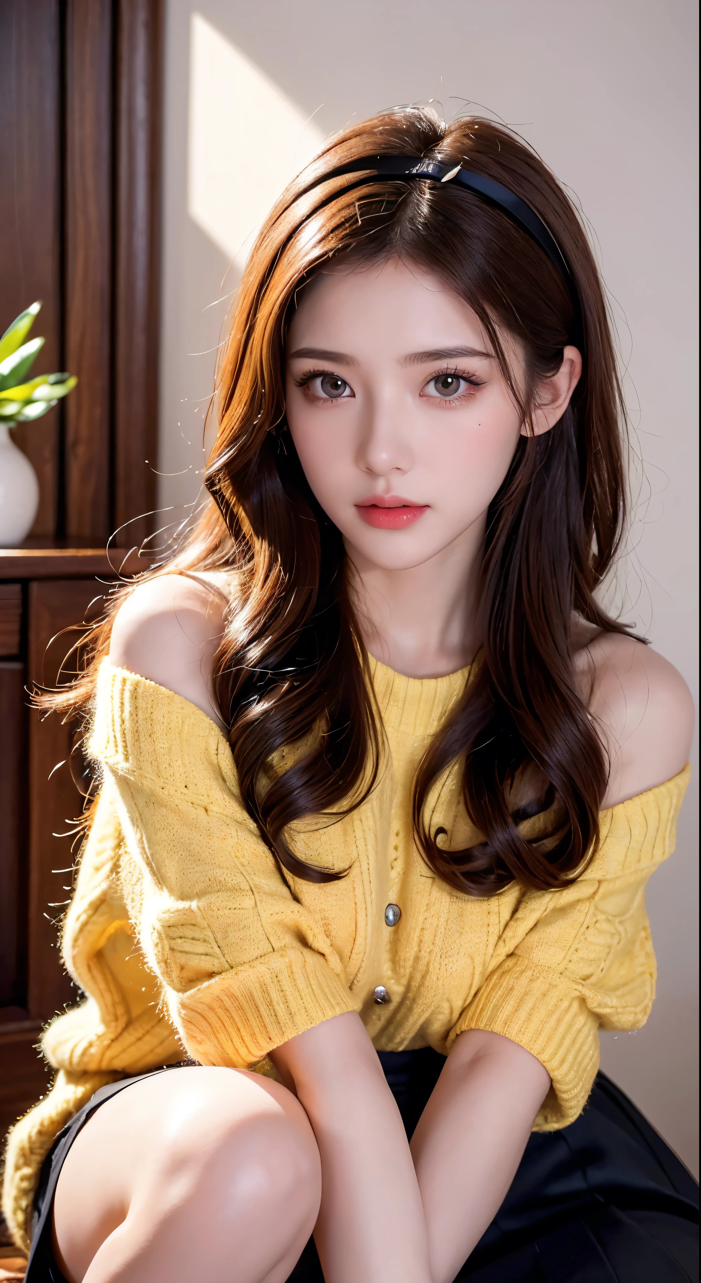 Full-body high-definition images，(8K、Highest quality、masterpiece:1.2)、(Highest quality:1.0)、(Ultra-high resolution:1.0)、Visual beauty、Beautiful woman、(Shiny eyes)、Shoulder headband、Super bright design、In a yellow sweater and a tight black skirt、Spring Light、Chestnut Hair、Beautiful Style，With highly detailed faces。Full body high quality images