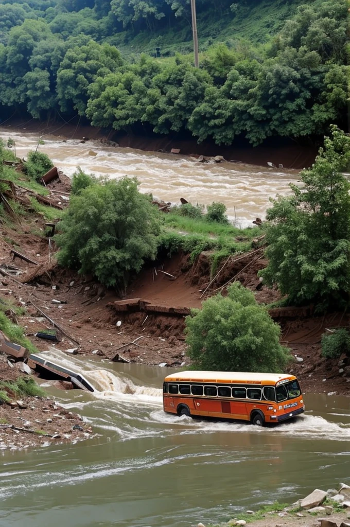 A bus thrown into river by landslide 