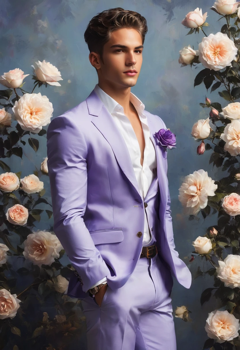Candid Vogue fashion (full-body shot) of mixed male supermodel, 23 year old, short platinum silver hair, masculine appearance with slender physique, symmetric face, natural olive skin tone, exudes youthfulness and athleticism, he is very photogenic, Position against an ornate dark purple background featuring a purple and white rose floral painting wallpaper to add depth and richness to the scene, ((Depict Lucifer as a charismatic and sophisticated figure)), He is a striking presence with an air of mystery and intelligence. wears a well-fitted, light purple blazer over a white shirt, with dark jeans and stylish shoes. His demeanor is confident and charming, with a subtle hint of his divine origins in his calm and intense gaze. The background should be a modern, urban setting with a blend of sophistication and casualness, evoke the soft ethereal quality of the Renaissance style, raw photo, ((masterpiece)), (best quality), High Resolution, (ultra_realistic), photorealistic, ((Pay attention to the layer and arrangement of body parts and surrounding objects)), ((Pay attention to the body composition)), ((Correct body structure)), ((Correct photo distance)), romantic atmosphere, lively extremely Gorgeous background),