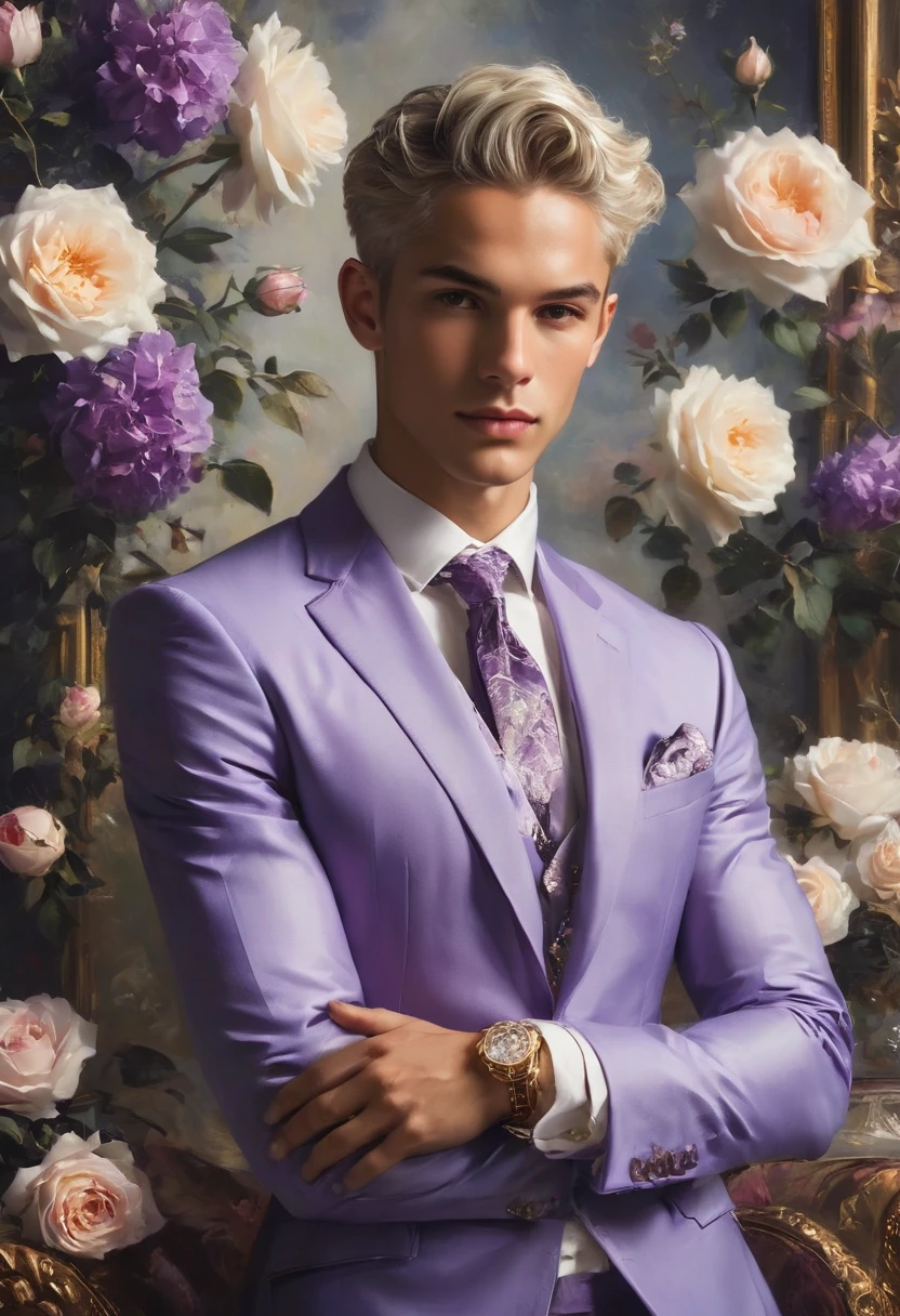 Candid Vogue fashion (full-body shot) of mixed male supermodel, 23 year old, short platinum silver hair, masculine appearance with slender physique, symmetric face, natural olive skin tone, exudes youthfulness and athleticism, he is very photogenic, Position against an ornate dark purple background featuring a purple and white rose floral painting wallpaper to add depth and richness to the scene, ((Depict Lucifer as a charismatic and sophisticated figure)), He is a striking presence with an air of mystery and intelligence. wears a well-fitted, light purple blazer over a white shirt, with dark jeans and stylish shoes. His demeanor is confident and charming, with a subtle hint of his divine origins in his calm and intense gaze. The background should be a modern, urban setting with a blend of sophistication and casualness, evoke the soft ethereal quality of the Renaissance style, raw photo, ((masterpiece)), (best quality), High Resolution, (ultra_realistic), photorealistic, ((Pay attention to the layer and arrangement of body parts and surrounding objects)), ((Pay attention to the body composition)), ((Correct body structure)), ((Correct photo distance)), romantic atmosphere, lively extremely Gorgeous background),