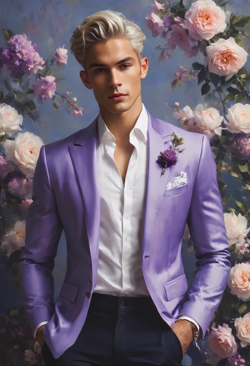 Candid Vogue fashion (full-body shot) of mixed male supermodel, 23 year old, short platinum silver hair, masculine appearance with slender physique, symmetric face, natural olive skin tone, exudes youthfulness and athleticism, he is very photogenic, Position against an ornate dark purple background featuring a purple and white rose floral painting wallpaper to add depth and richness to the scene, ((Depict Lucifer as a charismatic and sophisticated figure)), He is a striking presence with an air of mystery and intelligence. wears a well-fitted, light purple blazer over a white shirt, with dark jeans and stylish shoes. His demeanor is confident and charming, with a subtle hint of his divine origins in his calm and intense gaze. The background should be a modern, urban setting with a blend of sophistication and casualness, evoke the soft ethereal quality of the Renaissance style, raw photo, ((masterpiece)), (best quality), High Resolution, (ultra_realistic), photorealistic, ((Pay attention to the layer and arrangement of body parts and surrounding objects)), ((Pay attention to the body composition)), ((Correct body structure)), ((Correct photo distance)), romantic atmosphere, lively extremely Gorgeous background),