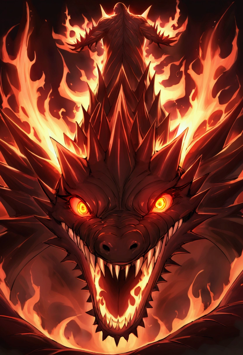 Create an image of a Susanoo inspired by a crocodile from the anime 'Naruto.' The Susanoo should have a menacing and powerful appearance, with features reminiscent of a crocodile, such as a long snout, sharp teeth, and a spiky back. The entire form should be primarily red, with glowing, fiery elements accentuating its menacing presence. Flames should emanate from its eyes, mouth, and the tips of its claws and spikes, giving it a fearsome and otherworldly look. The overall design should convey strength, aggression, and a mystical aura.