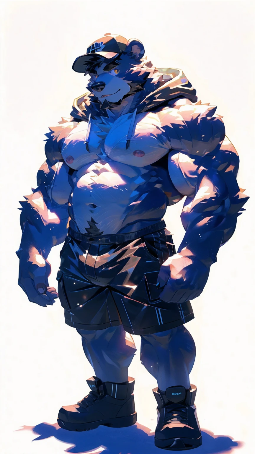 (masterpiece:1.2), best quality,pixiv,official art,perfect anatomy, (Ray tracing, light),solo, (1_male:1.3) , (muscle), (grey fur:1.4), (muscle bear),(abdominal muscles),(beard:1.2), (gleaming golden eyes), bear tail, full body, Thick black eyebrows, baseball cap, (open short hoodie), (naked inside),cargo shorts, black short boots, (pure white background: 1.3)