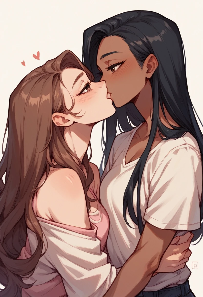 lesbian couple kissing, a girl with black hair, dark skin, brown eyes, long-haired girl dressed in pink, tender