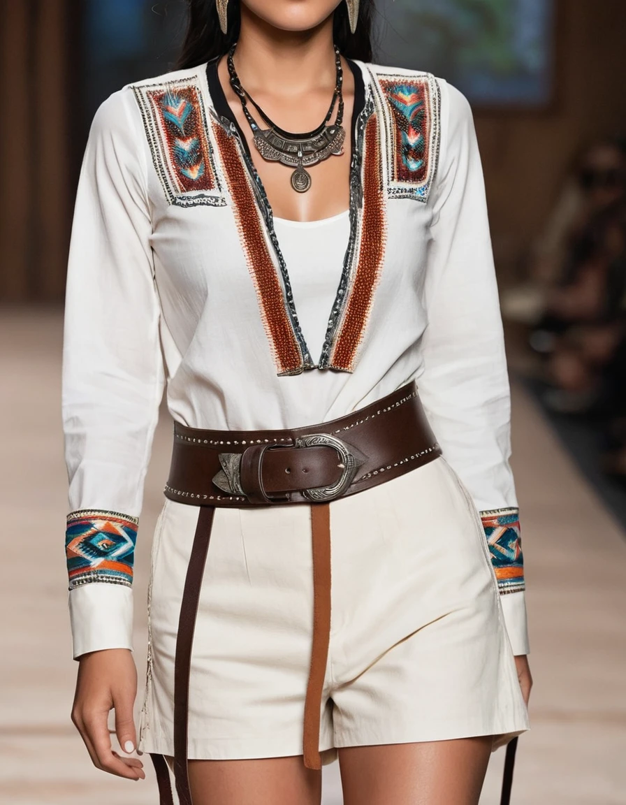 Rocker Indigenous Style**
**outfit:**
- **pants**: Black leather or denim glued, with indigenous embroidery on the sides and metal stud details.
- **shirt**: white, linen or cotton, with muisca embroidered details on the chest and sleeves. Long sleeves with decorative hanging fique.
- **corset**: dark brown leather, with metal buckle details and indigenous embroidery on the front and sides.
**accessories:**
- **Necklaces**: Multi-layered with seeds, wooden beads and natural stones. Some necklaces may have charms or animal figures.
- **BRACELET**: Braided leather and beads, with small metal and stone pendants.
- **belts**: wide, leather decorated with indigenous embroidery, large buckles and feather details.
**shoes:**
- **Boots**: Black or brown military shoes with metallic details and colored laces.
**make-up:**
- **Eyes**: Smoked with terracotta tones, gold and black, with intense eyeliner.
- **lips**: intense reds, matte or subtle shine.
**Additional details:**
- **skirts**: Long asymmetrical shoes made of light fabric with indigenous embroidery, worn over pants.
- **Ribbons**: Vibrant colors braided into curly hair, some loose and others decorative