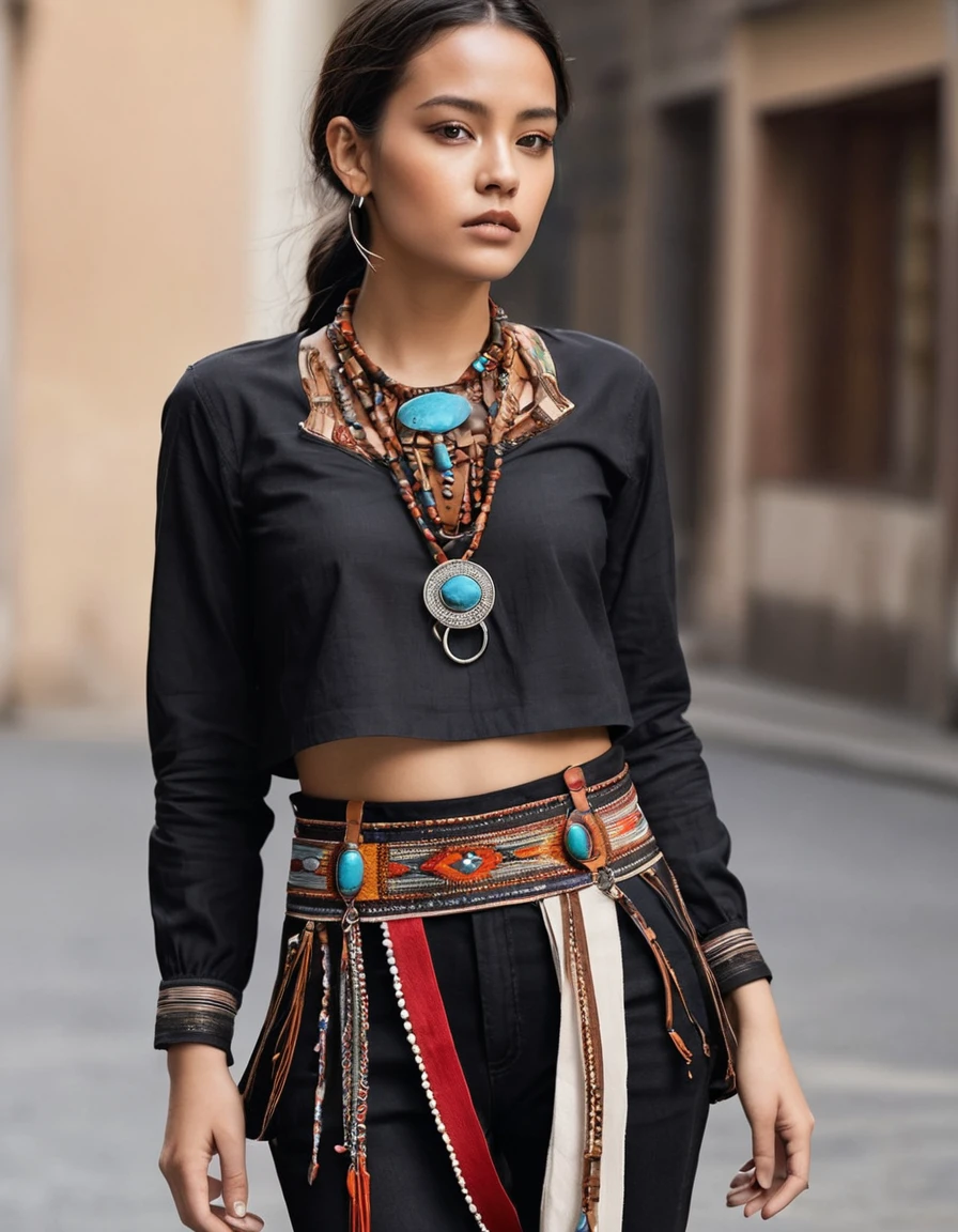 Rocker Indigenous Style**
**outfit:**
- **pants**: Black leather or denim glued, with indigenous embroidery on the sides and metal stud details.
- **shirt**: white, linen or cotton, with muisca embroidered details on the chest and sleeves. Long sleeves with decorative hanging fique.
- **corset**: dark brown leather, with metal buckle details and indigenous embroidery on the front and sides.
**accessories:**
- **Necklaces**: Multi-layered with seeds, wooden beads and natural stones. Some necklaces may have charms or animal figures.
- **BRACELET**: Braided leather and beads, with small metal and stone pendants.
- **belts**: wide, leather decorated with indigenous embroidery, large buckles and feather details.
**shoes:**
- **Boots**: Black or brown military shoes with metallic details and colored laces.
**make-up:**
- **Eyes**: Smoked with terracotta tones, gold and black, with intense eyeliner.
- **lips**: intense reds, matte or subtle shine.
**Additional details:**
- **skirts**: Long asymmetrical shoes made of light fabric with indigenous embroidery, worn over pants.
- **Ribbons**: Vibrant colors braided into curly hair, some loose and others decorative