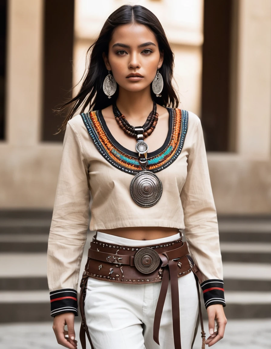 Rocker Indigenous Style**
**outfit:**
- **pants**: Black leather or denim glued, with indigenous embroidery on the sides and metal stud details.
- **shirt**: white, linen or cotton, with muisca embroidered details on the chest and sleeves. Long sleeves with decorative hanging fique.
- **corset**: dark brown leather, with metal buckle details and indigenous embroidery on the front and sides.
**accessories:**
- **Necklaces**: Multi-layered with seeds, wooden beads and natural stones. Some necklaces may have charms or animal figures.
- **BRACELET**: Braided leather and beads, with small metal and stone pendants.
- **belts**: wide, leather decorated with indigenous embroidery, large buckles and feather details.
**shoes:**
- **Boots**: Black or brown military shoes with metallic details and colored laces.
**make-up:**
- **Eyes**: Smoked with terracotta tones, gold and black, with intense eyeliner.
- **lips**: intense reds, matte or subtle shine.
**Additional details:**
- **skirts**: Long asymmetrical shoes made of light fabric with indigenous embroidery, worn over pants.
- **Ribbons**: Vibrant colors braided into curly hair, some loose and others decorative
