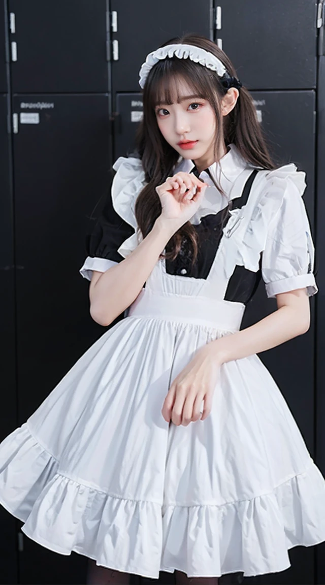 ((Highest quality、8K、masterpiece:1.3))、Photorealistic, Sharp focus, high resolution, High resolution, Portraiture, alone, Japanese women, Beautiful woman, sexy, Change of clothes、Half-taken shirt、Lean forward, 20-year-old, plump, semi-long, Wrinkles around the eyes, Office Changing Room, many steel lockers, Dark Background,Maid、apron