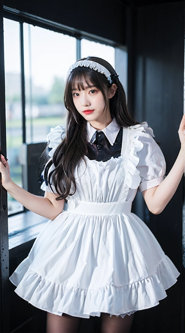 ((Highest quality、8K、masterpiece:1.3))、Photorealistic, Sharp focus, high resolution, High resolution, Portraiture, alone, Japanese women, Beautiful woman, sexy, Change of clothes、Half-taken shirt、Lean forward, 20-year-old, plump, semi-long, Wrinkles around the eyes, Office Changing Room, many steel lockers, Dark Background,Maid、apron