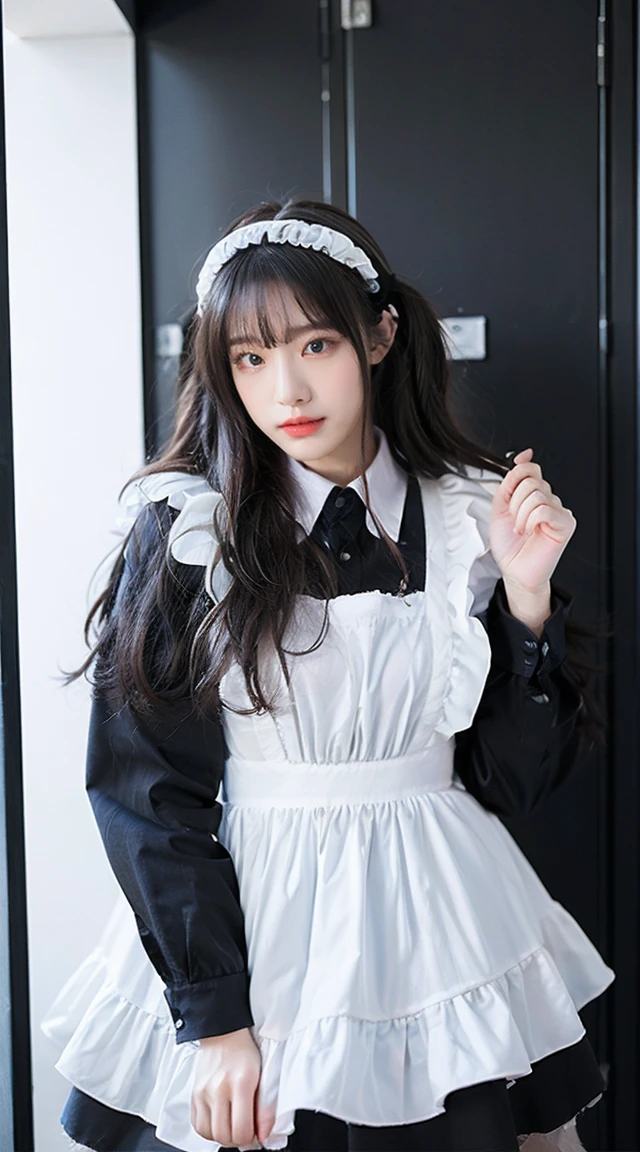 ((Highest quality、8K、masterpiece:1.3))、Photorealistic, Sharp focus, high resolution, High resolution, Portraiture, alone, Japanese women, Beautiful woman, sexy, Change of clothes、Half-taken shirt、Lean forward, 20-year-old, plump, semi-long, Wrinkles around the eyes, Office Changing Room, many steel lockers, Dark Background,Maid、apron