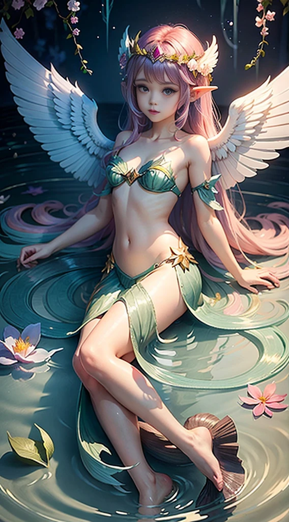 cute little mermaid, ,Big angel wings, big wings, lower body of a fish, angel wings, rainbow gradient long hair, pointed ears, flower crown, leaves