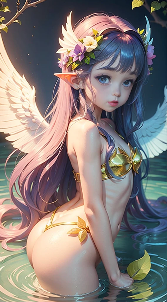 cute little mermaid, ,Big angel wings, big wings, lower body of a fish, angel wings, rainbow gradient long hair, pointed ears, flower crown, leaves