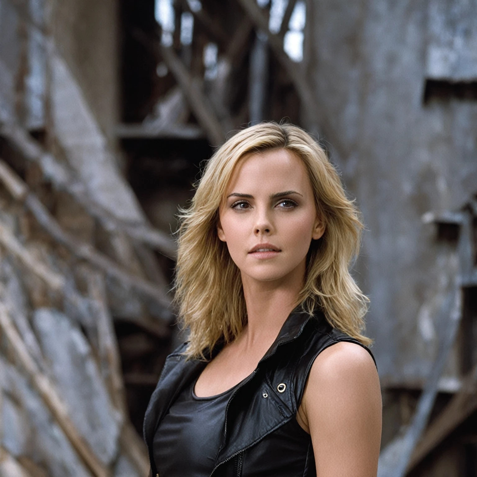 Closeup headshot photo of 20-year-old Charlize Theron wearing a sleeveless leather turtleneck Supergirl outfit with voluminous flowing blonde hair. She is in an old abandoned warehouse and has a suspicious, worried expression.