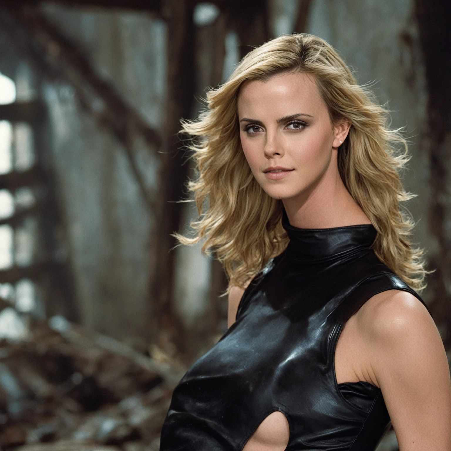 Closeup headshot photo of 20-year-old Charlize Theron wearing a sleeveless leather turtleneck Supergirl outfit with voluminous flowing blonde hair.  She is in an old abandoned warehouse and has a suspicious, worried expression.