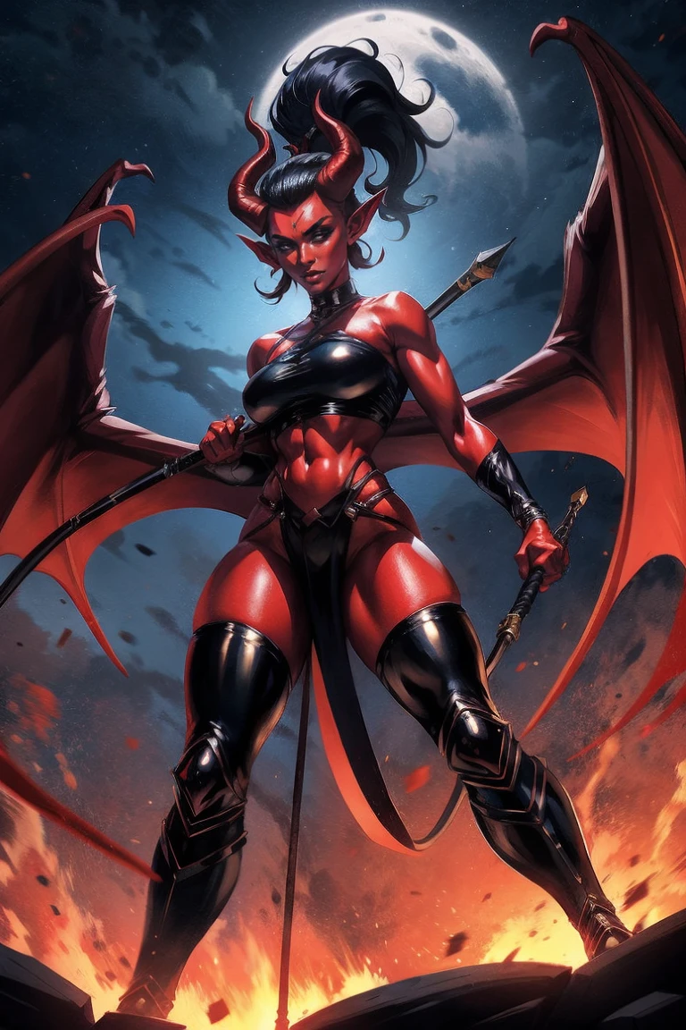 Red skin succubus tiefling, prominent medium breasts, black horns, wings, huge tail, black leather, crop top, long flowing pelvic curtain, tall, toned, graceful, thin, long black ponytail. Action scene, whip. Dark scene, explosions, night sky.