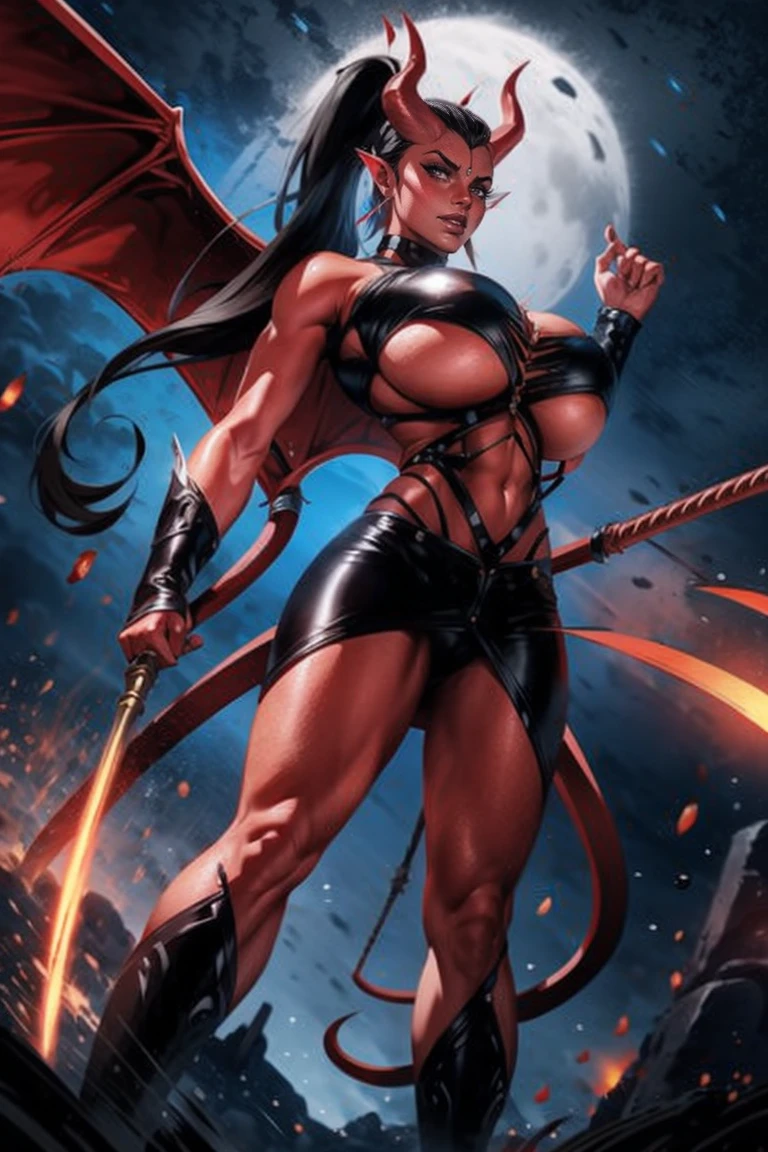 Red skin succubus tiefling, prominent medium breasts, black horns, wings, huge tail, black leather, crop top, long flowing pelvic curtain, tall, toned, graceful, thin, long black ponytail. Action scene, whip. Dark scene, explosions, night sky.
