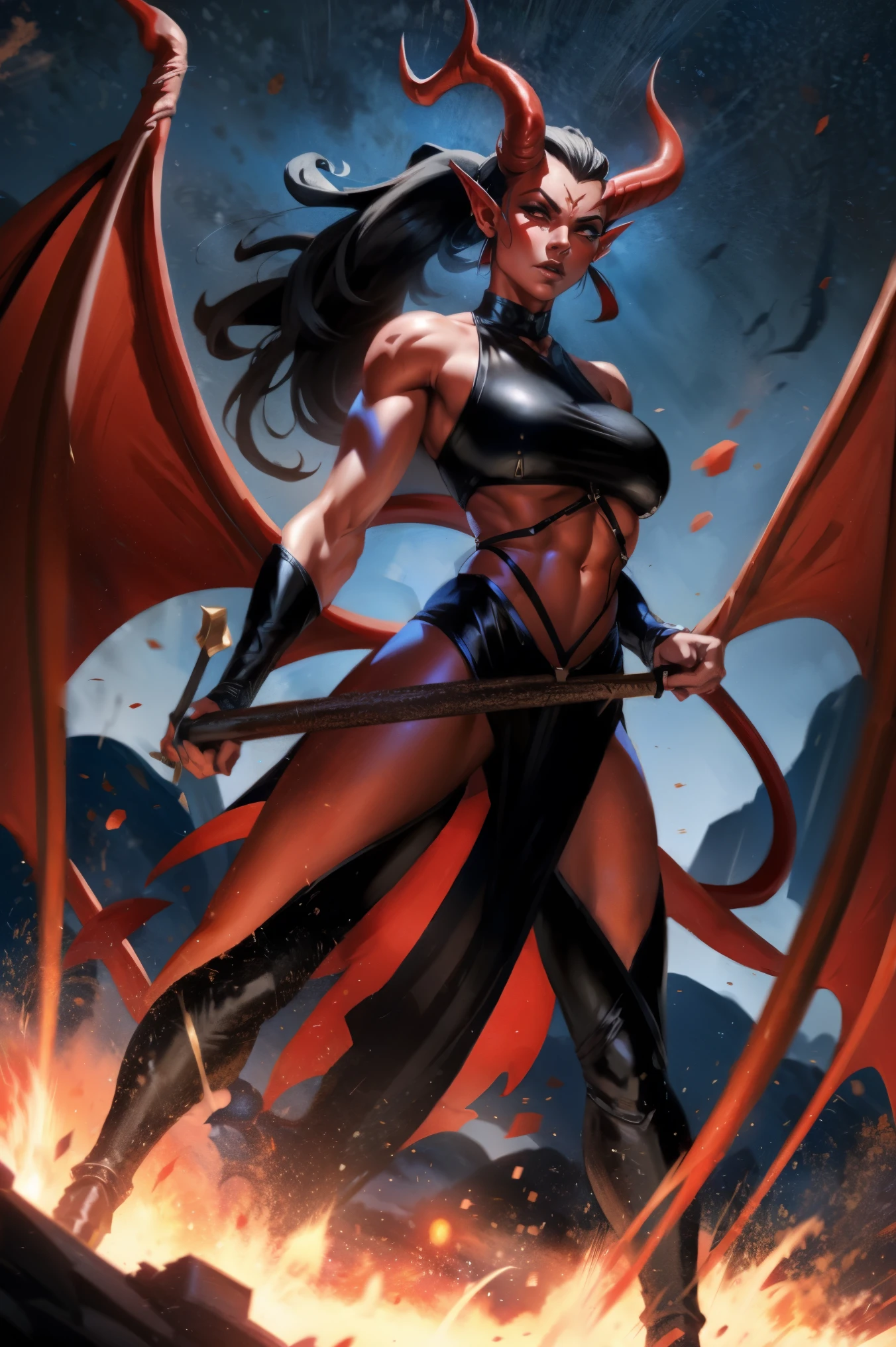 Red skin succubus tiefling, medium breasts, black horns, wings, huge tail, black leather, crop top, long flowing pelvic curtain, tall, toned, graceful, thin, long black ponytail. Action scene, whip. Dark scene, explosions, night sky.
