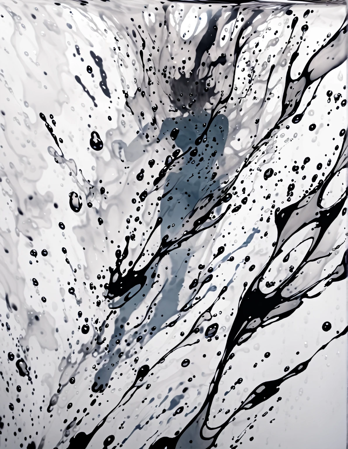 Dissolving drops of Chinese ink in the shape of a naked woman inside a transparent glass filled with clear water