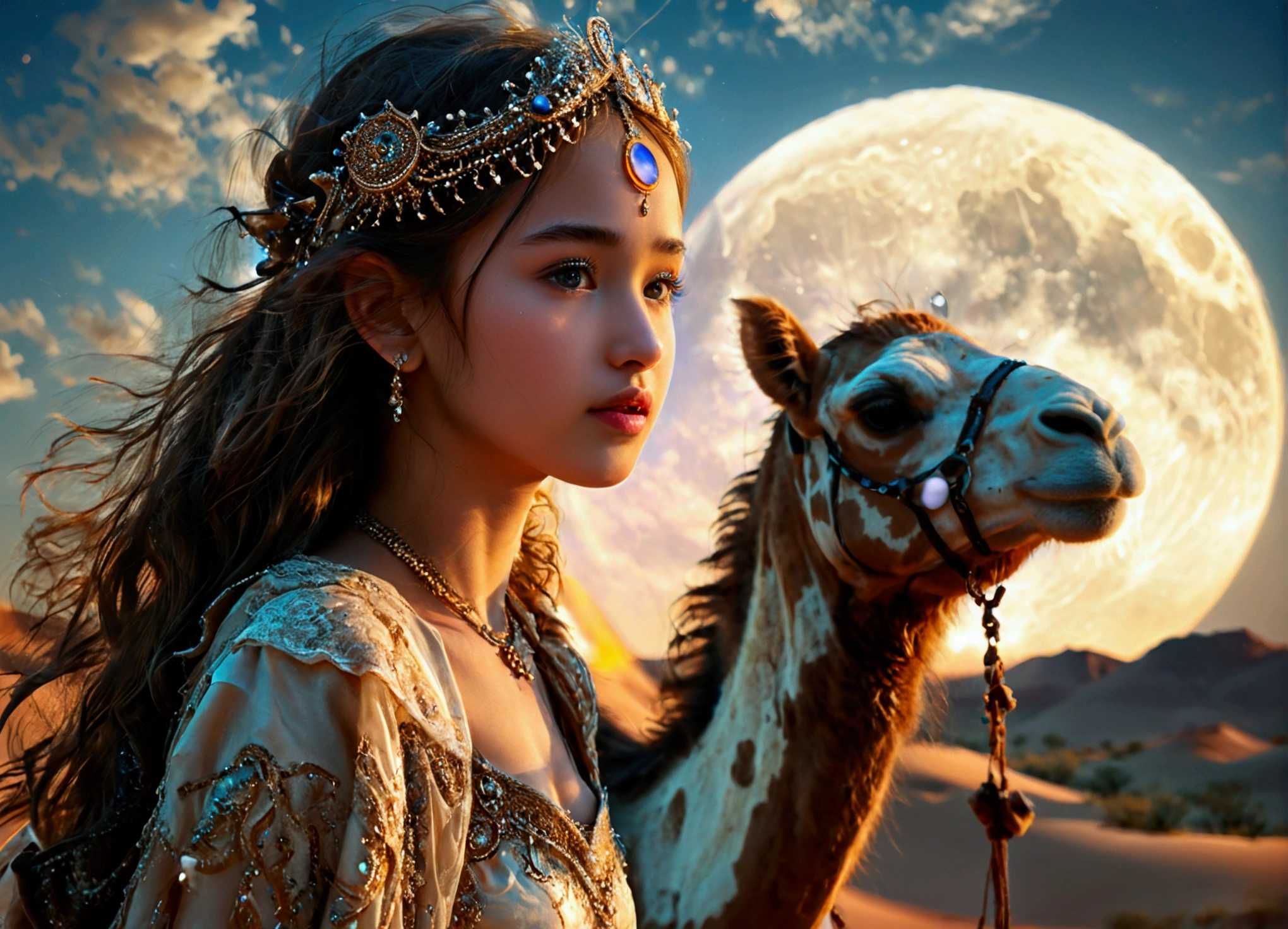 Moonlit Night、(Crescent Moon)、A photo of a young princess traveling through the desert at moonlight,High resolution,Super detailed,Portraiture,Detailed eyes and beautiful face,With camels、Lens flare, Sandals,