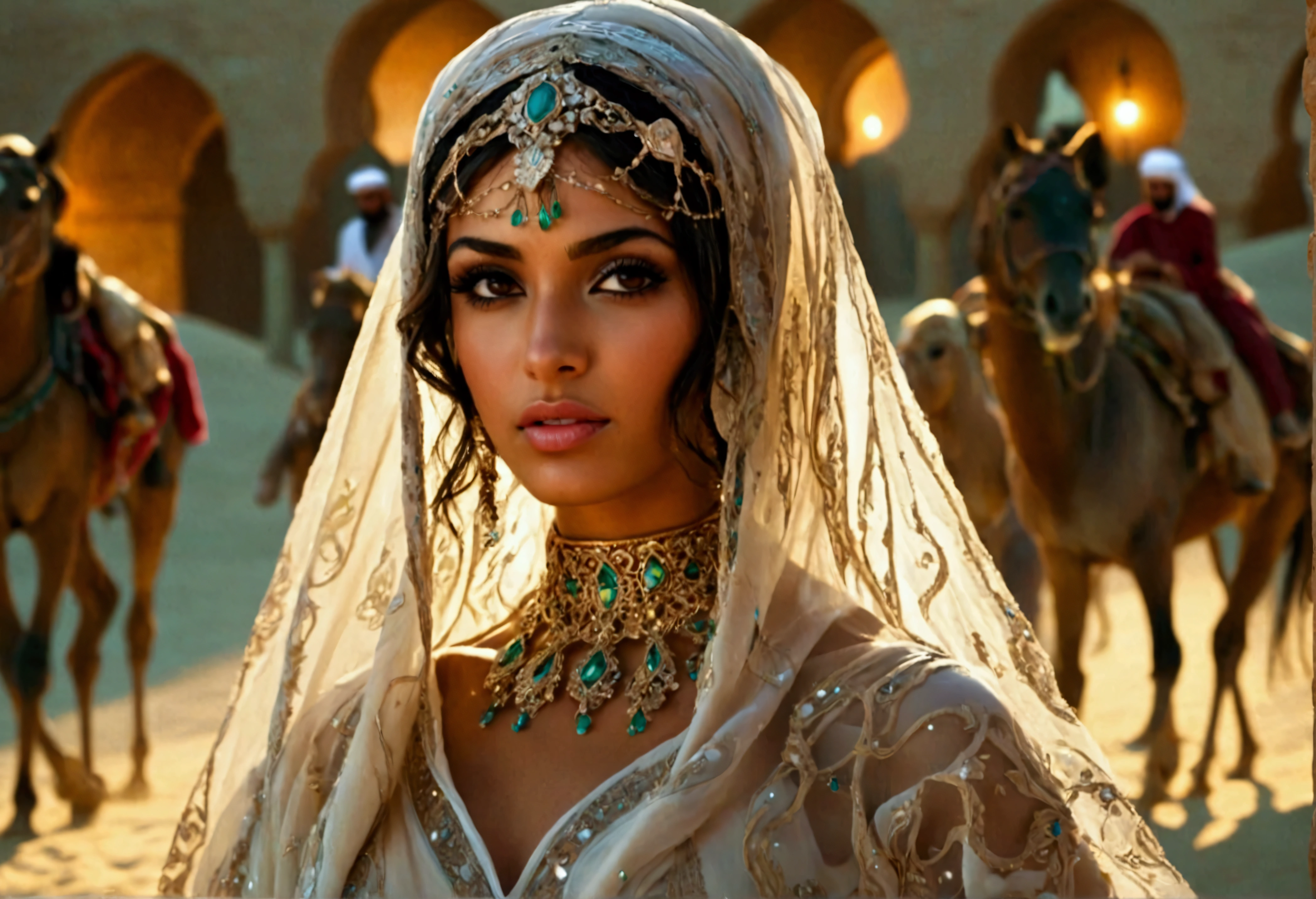 Arabian woman (top model, age 25, many fine layers of airy sheer fabric, Arabian princess) walking through the desert at night. Bodyguards flank her
