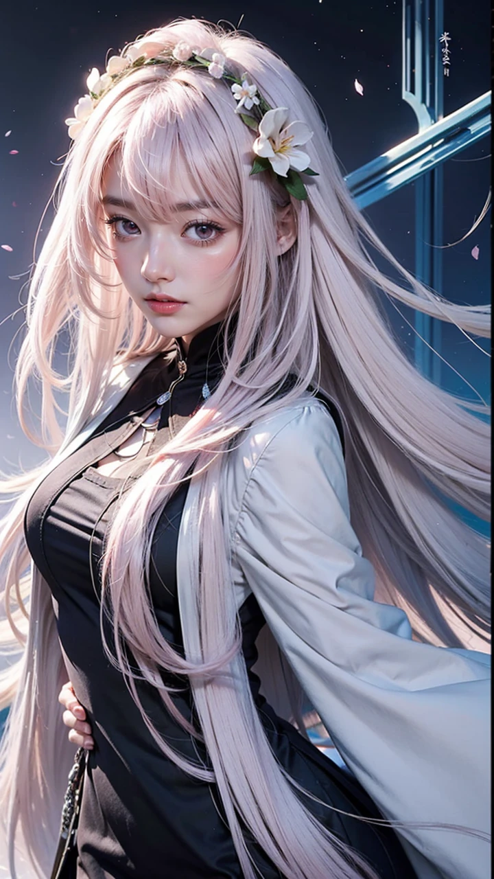 Light pink hair, pink eyes, pink and white, sakura leafs, vivid colors, white dress, paint splash, simple background, ray tracing, wavy hair