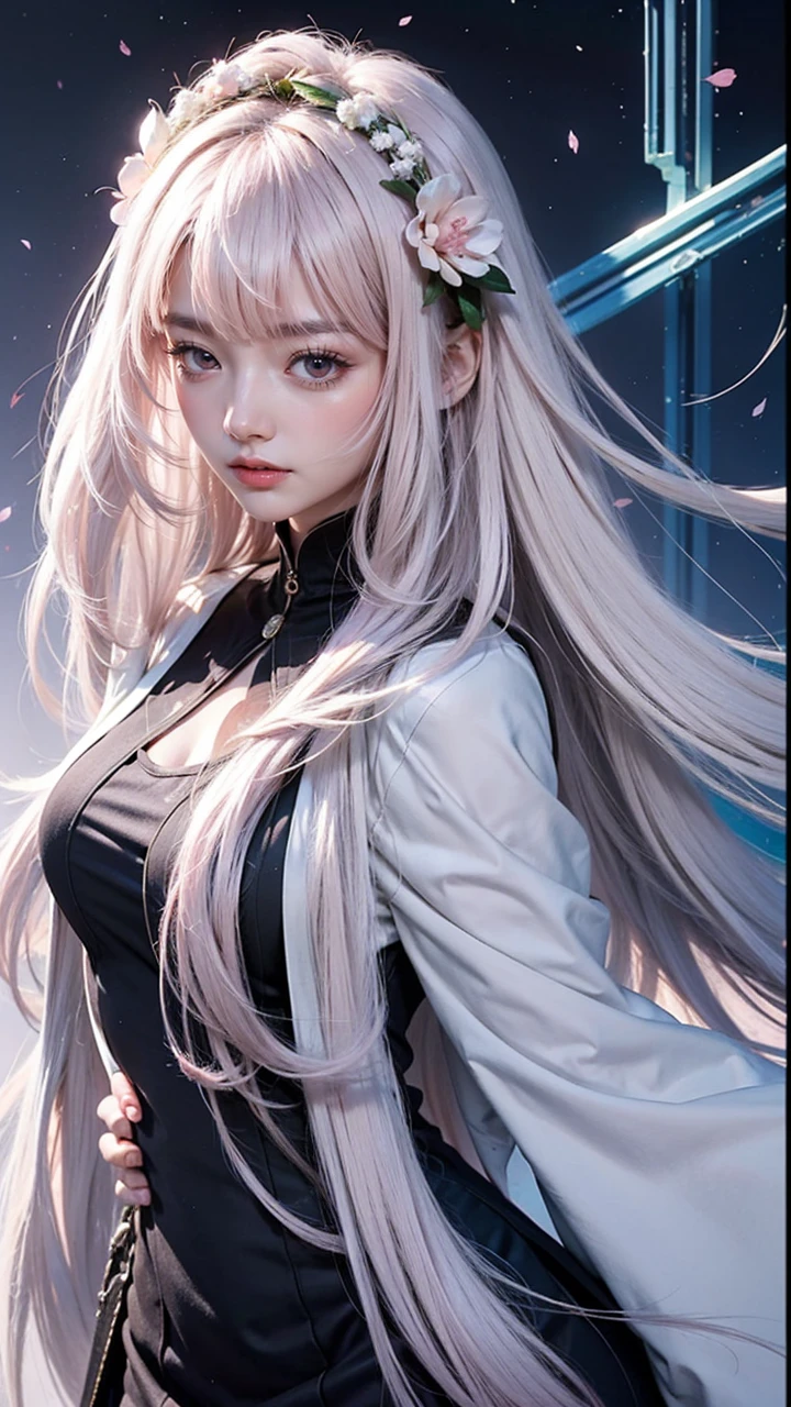 Light pink hair, pink eyes, pink and white, sakura leafs, vivid colors, white dress, paint splash, simple background, ray tracing, wavy hair