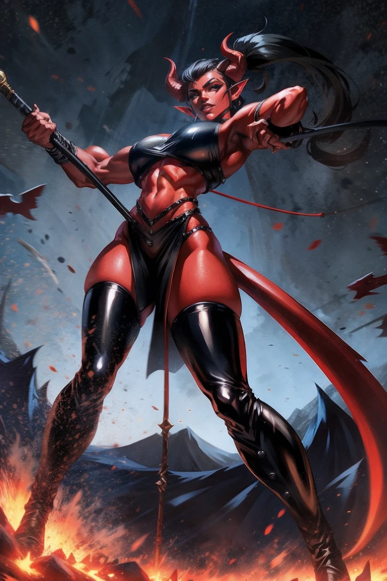 Red skin succubus tiefling, medium breasts, black horns, wings, huge tail, black leather, crop top, long flowing pelvic curtain, tall, toned, graceful, thin, long black ponytail. Action scene, whip. Dark scene, explosions, night sky.