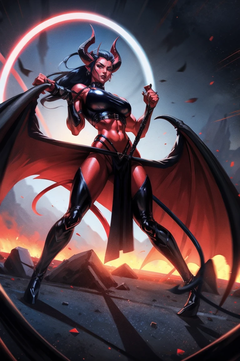 Red skin succubus tiefling, medium breasts, black horns, wings, huge tail, black leather, crop top, long flowing pelvic curtain, tall, toned, graceful, thin, long black ponytail. Action scene, whip. Dark scene, explosions, night sky.