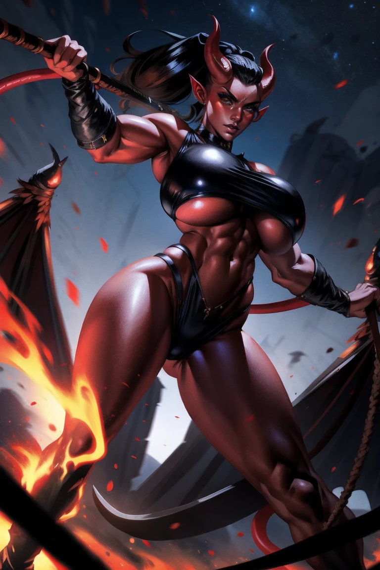 Red skin succubus tiefling, medium breasts, black horns, wings, huge tail, black leather, crop top, long flowing pelvic curtain, tall, toned, graceful, thin, long black ponytail. Action scene, whip. Dark scene, explosions, night sky.