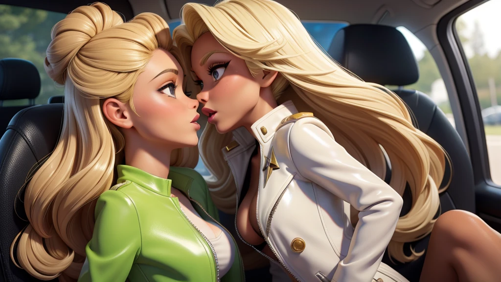 obra prima, melhor qualidade, ((two women,)) ((dyan cannon, dark tan skin, bleach blonde 70s style hair, 70s style pearl white lipstick, leather star trek tunic,)) head back, ((sexy sultry wicked look, open mouth, pucker mouth,)) ((wearing shiny lime green pvc biker blazer,)) ((jacket is unzipped and wide open, small breasts, nip slip,)) jacket has padded puff shoulders, shiny leather gloves, ((shiny cream white micro mini pvc skirt,)) body is skinny, shiny tight buttocks, ((in back seat of luxury convertible, sexy kissing squeezing pose,)) (camera view of whole body,) looking up at me, shallow depth of field, highres, HD, 8k, anatomically correct