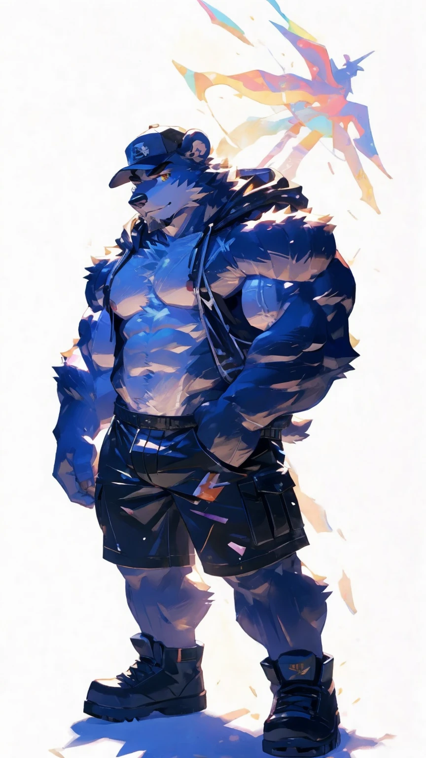 (masterpiece:1.2), best quality,pixiv,official art,perfect anatomy, (Ray tracing, light),solo, (1_male:1.3) , (muscle), (grey fur:1.4), (muscle bear),(abdominal muscles),(beard:1.2), (gleaming golden eyes), bear tail, full body, Thick black eyebrows, baseball cap, (open short hoodie), (naked inside),cargo shorts, black short boots, (pure white background: 1.3)