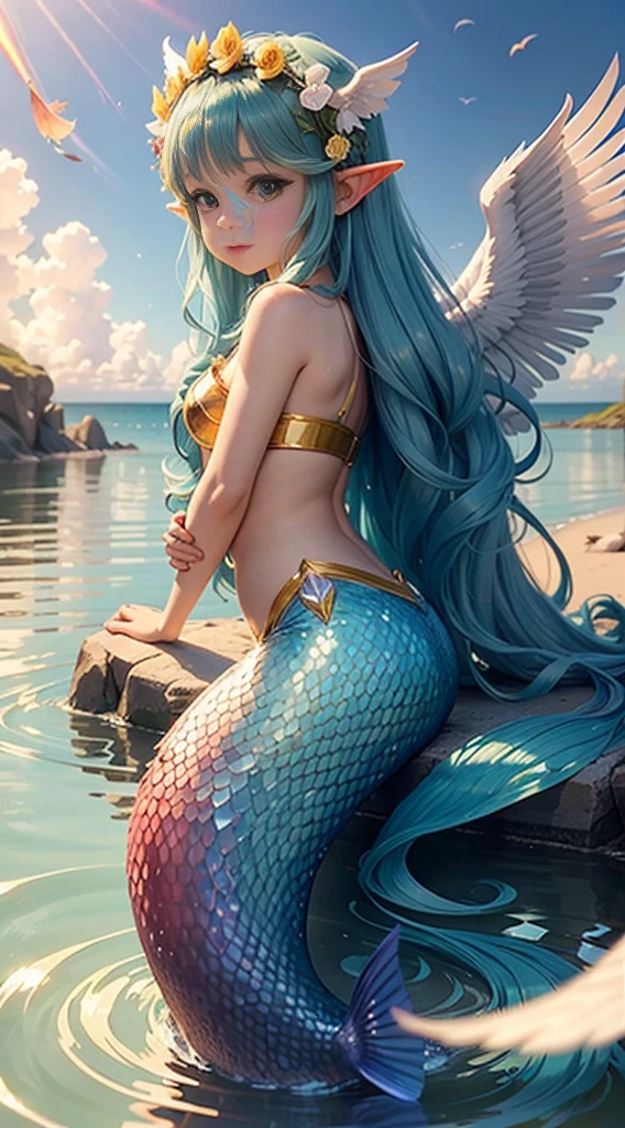 cute little mermaid, ,Big angel wings, big wings, lower body of a fish, angel wings, rainbow gradient long hair, pointed ears, flower crown, leaves
