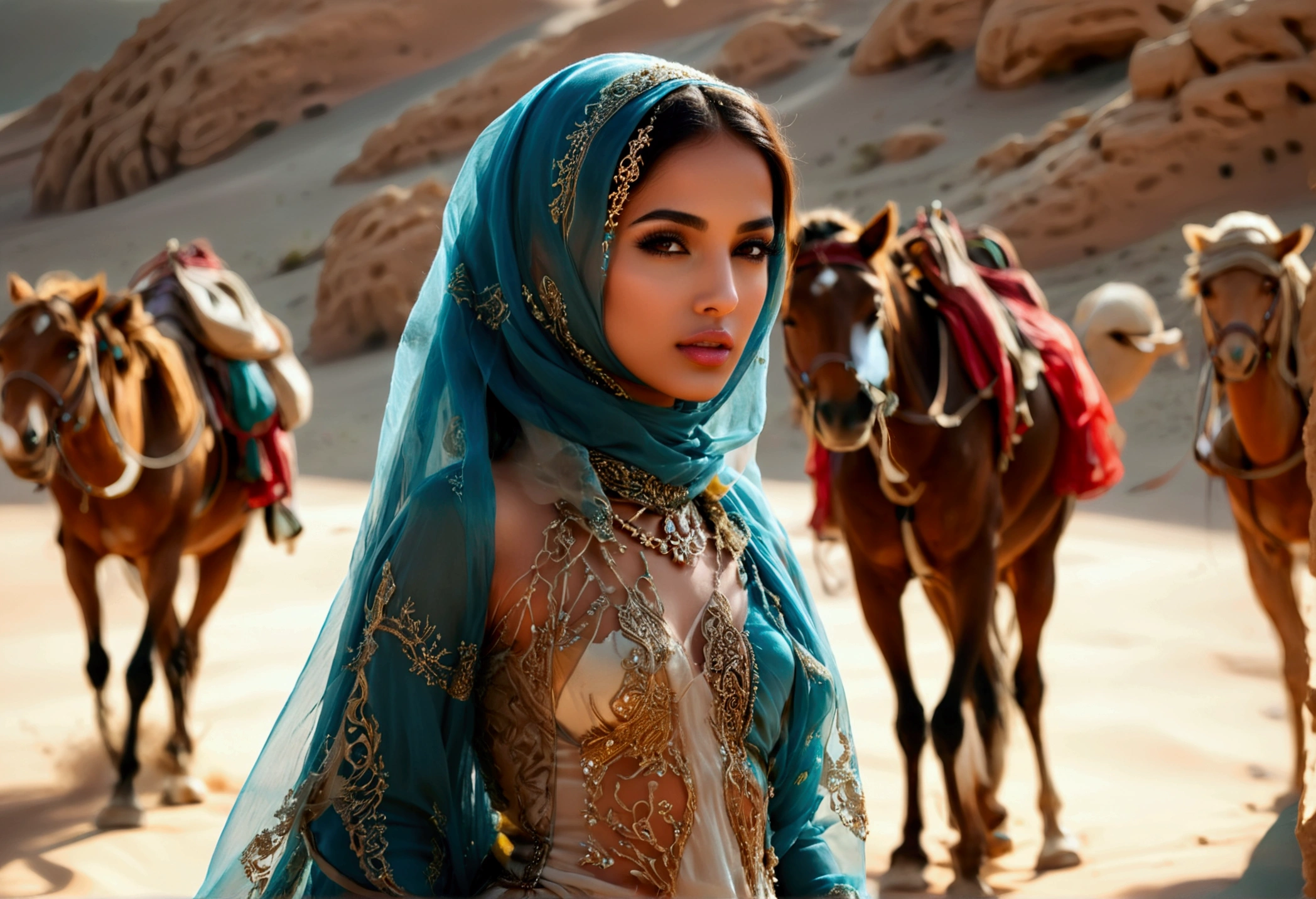 Arabian woman (top model, age 25, many fine layers of airy sheer fabric, Arabian princess) walking through the desert at night. Bodyguards flank her
