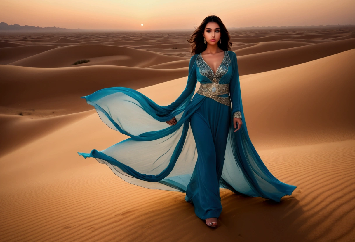 Arabian woman (top model, age 25, many fine layers of airy sheer fabric, Arabian princess) walking through the desert at night. Bodyguards flank her
