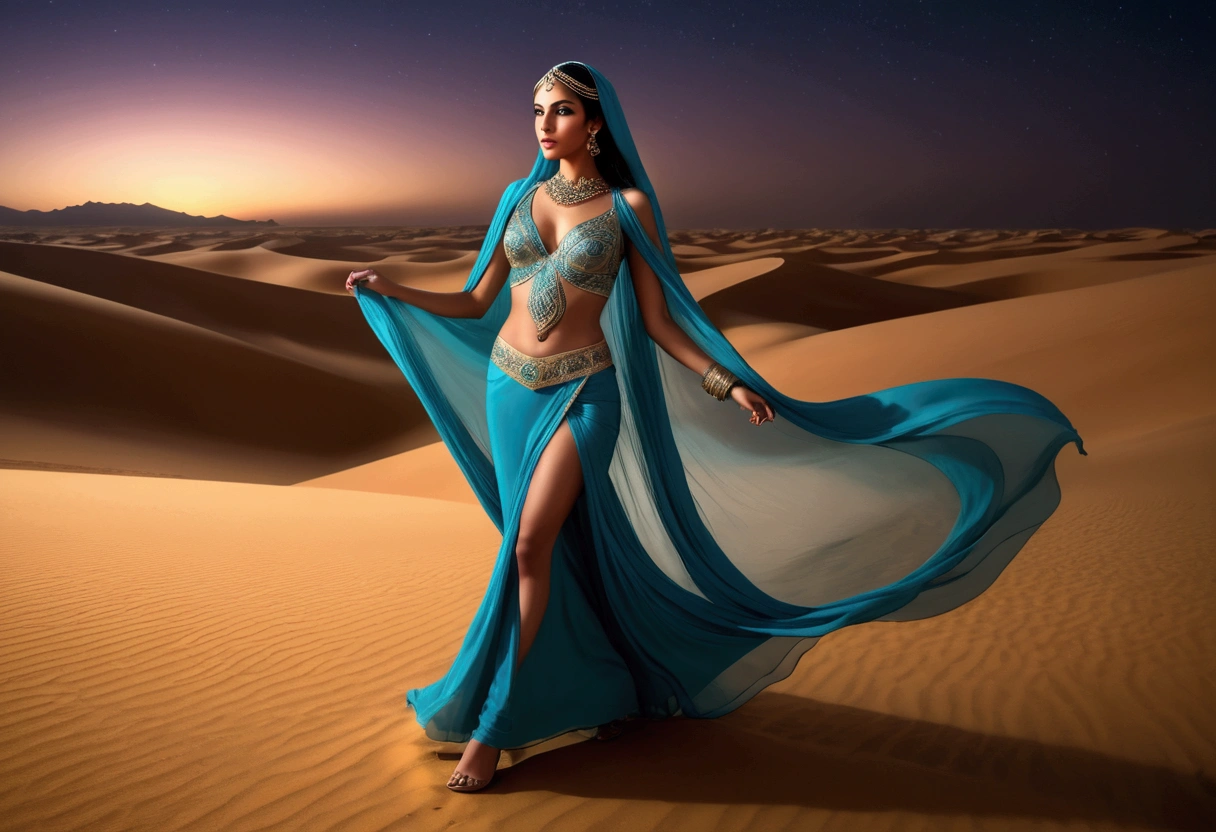Arabian woman (top model, age 25, many fine layers of airy sheer fabric, Arabian princess) walking through the desert at night. Bodyguards flank her