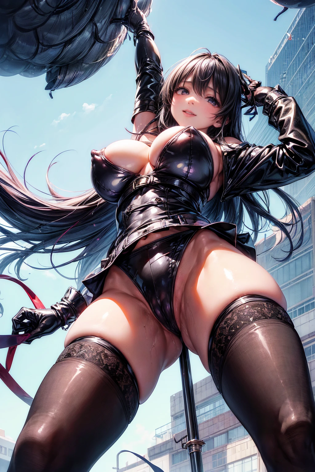 (Super big breasts:1.5)、Abusive smile、View Viewer、(Looking up from below:2)、(Raise your right leg:1.5)、(Show the heel of your high heel to the viewer:2)、(High heels close-up:2)、High-leg bondage、Plain black stockings、Enameled knee-high socks、Enamel Long Gloves、Strap-on、Ultra glossy、Shiny skin、Detailed picture、girl、25-year-old woman、Crotch line、Love juice、Erect nipples、Big nipple piercings、choker