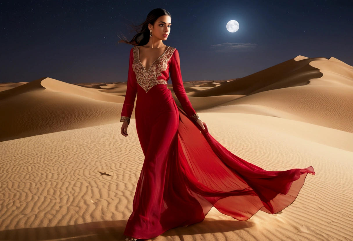 Arabian woman (top model, age 25, many fine layers of airy sheer fabric, Arabian princess) walking through the desert at night. Bodyguards flank her