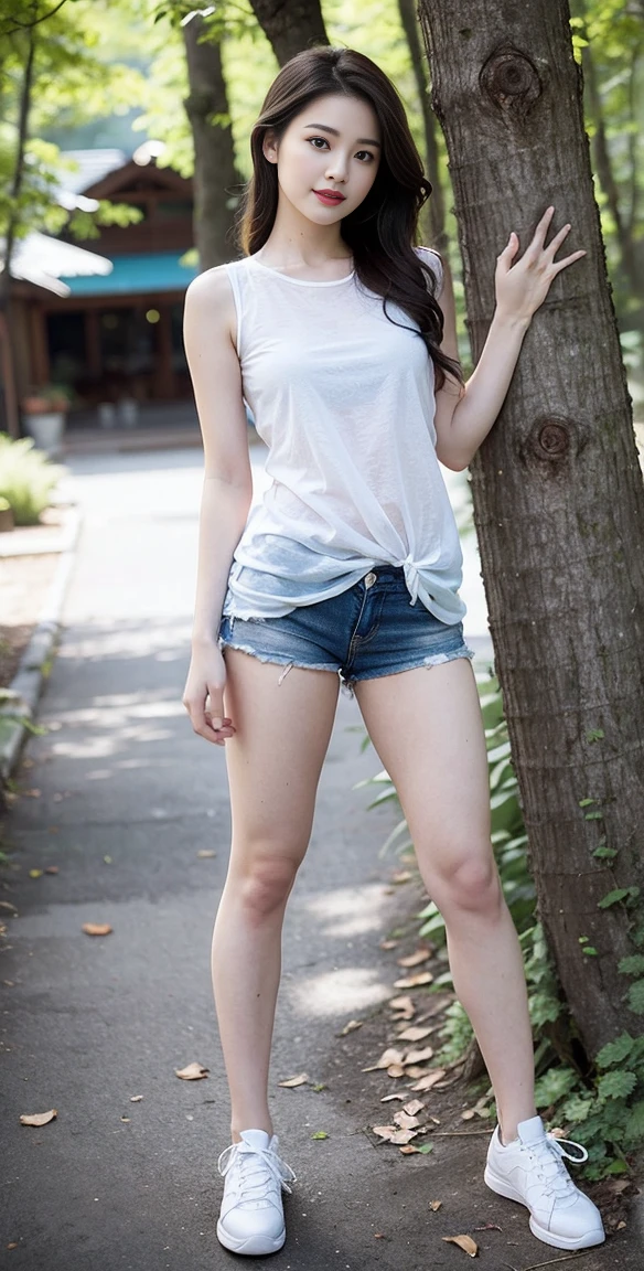 masterpiece, best quality, Surreal, Ultra Detailed, 8k resolution, RAW photos, Clear focus, (A girl in the forest), ((light gray shirt)), sleeveless, sports Shorts,, Solitary, Perfect body, Perfect body, Bangs to eyebrows、Beautiful brown hair、Beautiful and delicate eyes、Brown eyes、Raise an eyebrow、Bangs to eyebrows、Beautiful brown hair、Beautiful and delicate eyes、Slender legs,Brown eyes、Raise an eyebrow、High Nose、Small nostril、Little mouth、Tempting lips、Mouth slightly open、Beautiful breasts、Full body、Oval face,Phoenix Eyes,Eyebrow, Double eyelids, Long eyelashes, A faint smile, full-body shot:1.2,She has a pair of eyes as clear as water,Eyebrows are like distant mountains,Creamy skin,Lips like cherry blossoms,玉Slender legs如柳枝, A faint smile, full-body shot:1.2,Dynamic poses,Playful and flirty pose,The calves are straight and thin:1.5,Wear high-end brand colored sneakers:1.5,The gentle goddess takes gentle steps,
32 inches in the chest,(a charming smile:1.2), (sexy pose),26 years old, light,White shoes,