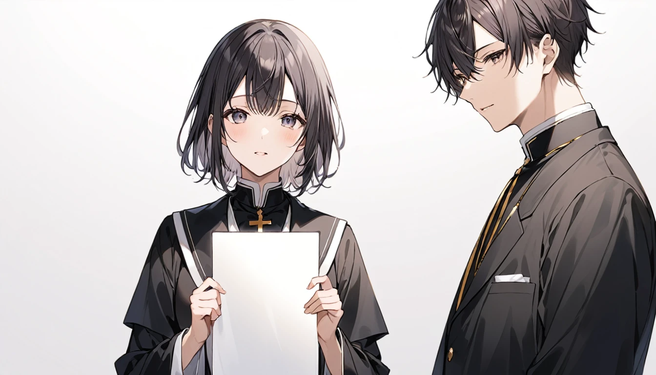 clergyman、girl、Holding a white sign
