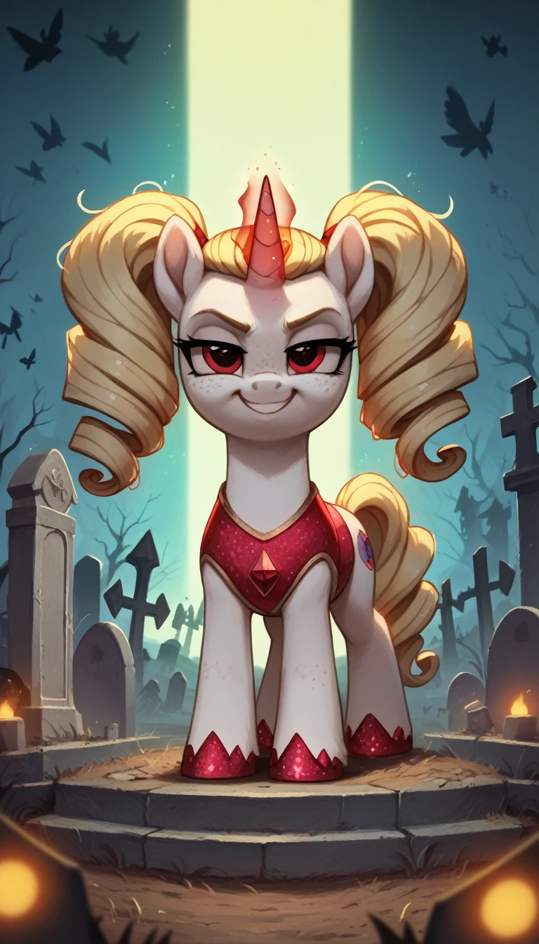 score_9,score_8_up,score_7_up,score_6_up, filly, unicorn, white fur, curly blonde hair, twintails, freckles, red eyes, glowing backlight, fashion show, graveyard scene, glitter, whimsical, enchanted, magical, fantasy art concept, intricate details, insane smug smile, glowing horn,