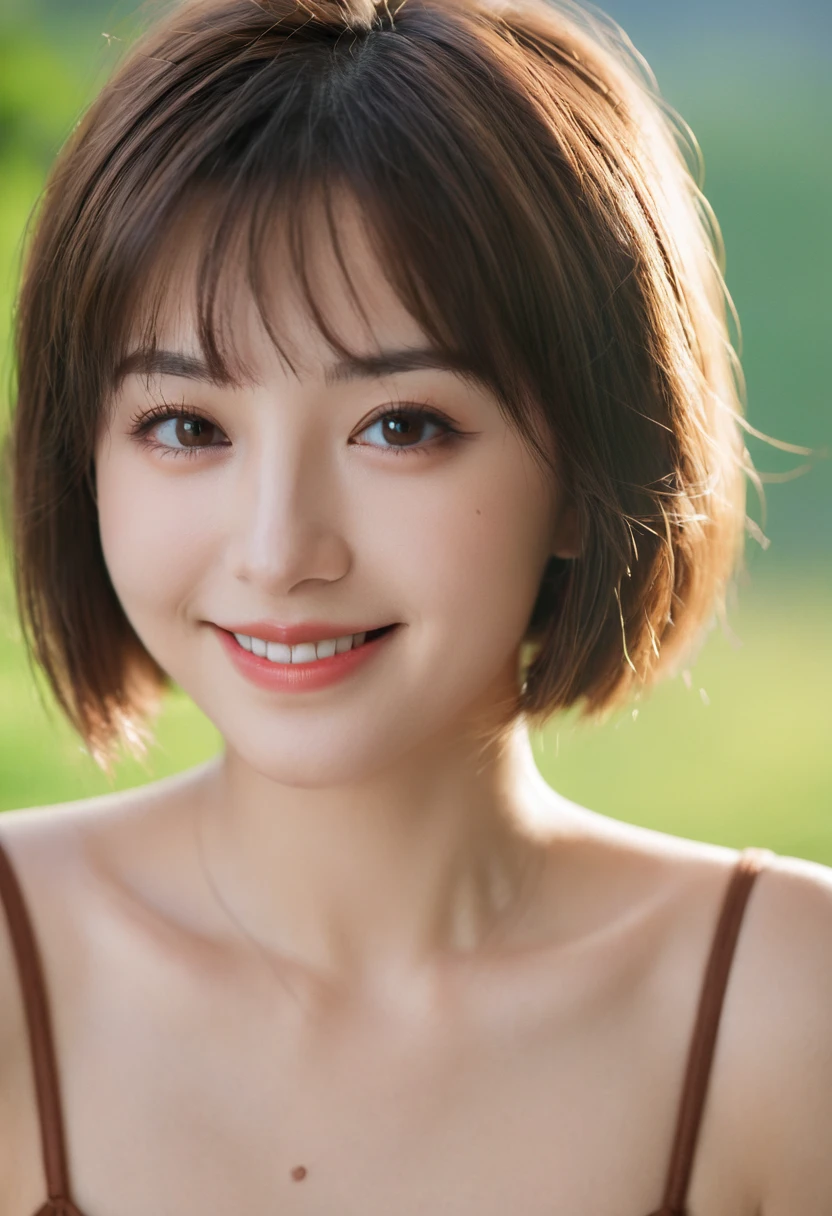 night, Original Photography, (((Very beautiful portrait))), (Very beautiful portrait))), 1 girl, Sexy 25 year old girl, ((Natural brown short hair)), [Brown eyes],Smiling tenderly and gazing at the camera(cleveage), ((masterpiece, best quality, Ultra Detailed, light, Intricate details, HD, 8K, Very detailed)), Detailed background, 8K UHD, Digital SLR Camera, 柔和的light, high quality, Film Grain, Fuji XT3, Shallow depth of field, Natural light, Perfect face
