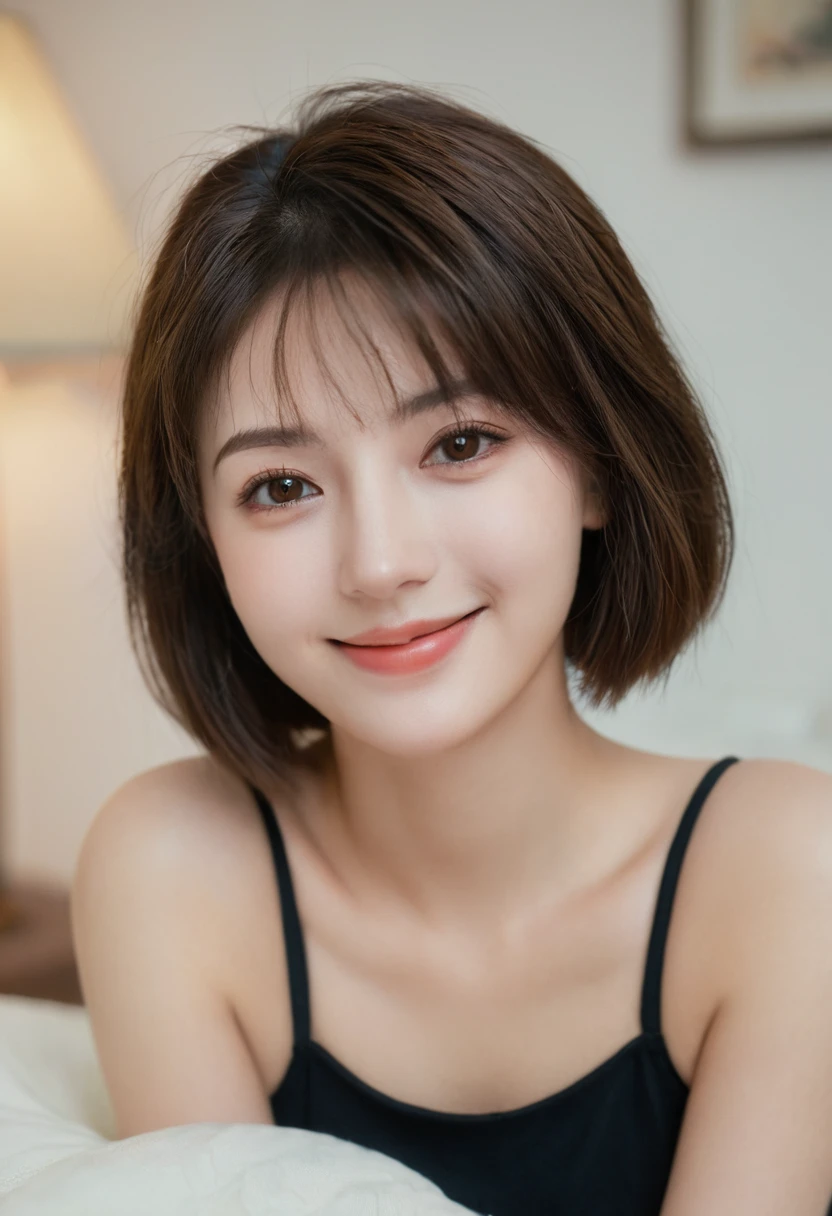 night, Original Photography, (((Very beautiful portrait))), (Very beautiful portrait))), 1 girl, Sexy 25 year old girl, ((Natural brown short hair)), [Brown eyes],Smiling tenderly and gazing at the camera(cleveage), ((masterpiece, best quality, Ultra Detailed, light, Intricate details, HD, 8K, Very detailed)), Detailed background, 8K UHD, Digital SLR Camera, 柔和的light, high quality, Film Grain, Fuji XT3, Shallow depth of field, Natural light, Perfect face