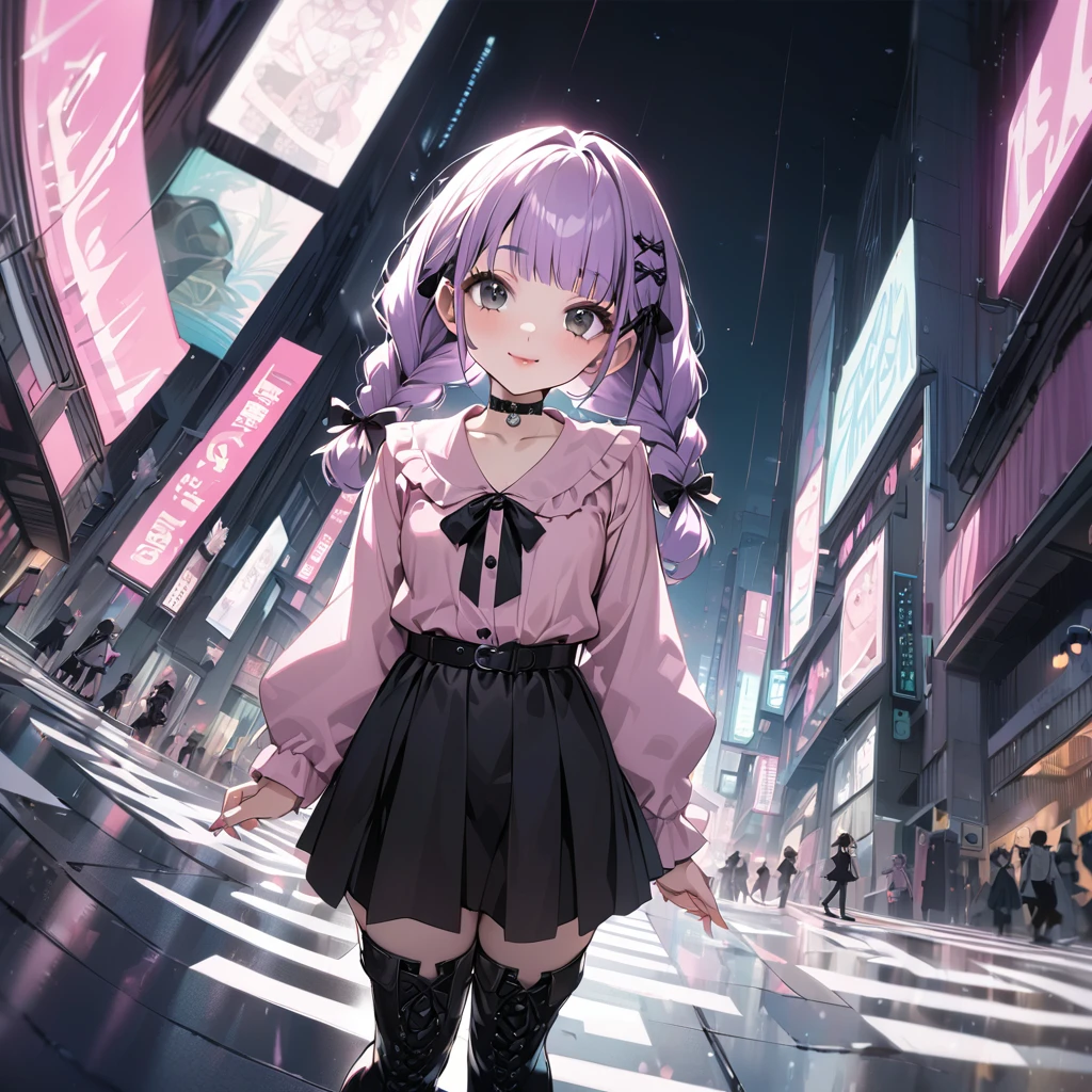 masterpiece, ultra detailed, 8K, solid blue Skyscrapers background, full body shot, Angle looking up from below.happy, a girl, kawaii, light atmosphere, mysterious atmosphere, (Cute a mesugaki girl:1.5), (a girl with closs hair pin,pale purple hair,wavy two braids,bluntbangs hair,green and black eyes,
pink shirt,cosplay, jirai kei, bangs, black skirt, black bow, looking at viewer, bow, long sleeves, choker, ribbon,pink lips,Thick-soled boots,fullbody shot :1.4),A mischievous smile, fangs, licking lips,
(masterpiece:1.3), anime visual, (Lovey-dovey:1.5), (tilt head:1.3), extremely delicate face, soft clean focus, realistic lighting and shading, (an extremely delicate and beautiful art:1.3), elegant, (muted colors:1.1), small breast,slim,On a rainy day, walking through Shibuya with a black lace umbrella, expressionless,