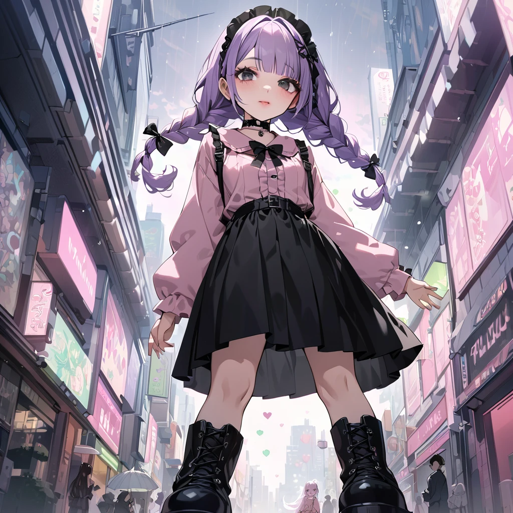 masterpiece, ultra detailed, 8K, solid blue Skyscrapers background, full body shot, Angle looking up from below.happy, a girl, kawaii, light atmosphere, mysterious atmosphere, (Cute a mesugaki girl:1.5), (a girl with closs hair pin,pale purple hair,wavy two braids,bluntbangs hair,green and black eyes,
pink shirt,cosplay, jirai kei, bangs, black skirt, black bow, looking at viewer, bow, long sleeves, choker, ribbon,pink lips,Thick-soled boots,fullbody shot :1.4),A mischievous smile, fangs, licking lips,
(masterpiece:1.3), anime visual, (Lovey-dovey:1.5), (tilt head:1.3), extremely delicate face, soft clean focus, realistic lighting and shading, (an extremely delicate and beautiful art:1.3), elegant, (muted colors:1.1), small breast,slim,On a rainy day, walking through Shibuya with a black lace umbrella, expressionless,