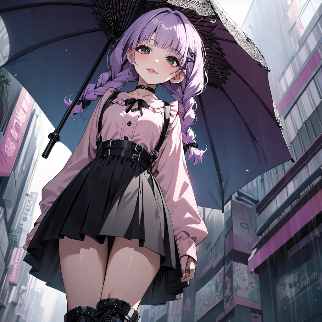 masterpiece, ultra detailed, 8K, solid blue Skyscrapers background, full body shot, Angle looking up from below.happy, a girl, kawaii, light atmosphere, mysterious atmosphere, (Cute a mesugaki girl:1.5), (a girl with closs hair pin,pale purple hair,wavy two braids,bluntbangs hair,green and black eyes,
pink shirt,cosplay, jirai kei, bangs, black skirt, black bow, looking at viewer, bow, long sleeves, choker, ribbon,pink lips,Thick-soled boots,fullbody shot :1.4),A mischievous smile, fangs, licking lips,
(masterpiece:1.3), anime visual, (Lovey-dovey:1.5), (tilt head:1.3), extremely delicate face, soft clean focus, realistic lighting and shading, (an extremely delicate and beautiful art:1.3), elegant, (muted colors:1.1), small breast,slim,On a rainy day, walking through Shibuya with a black lace umbrella, expressionless,