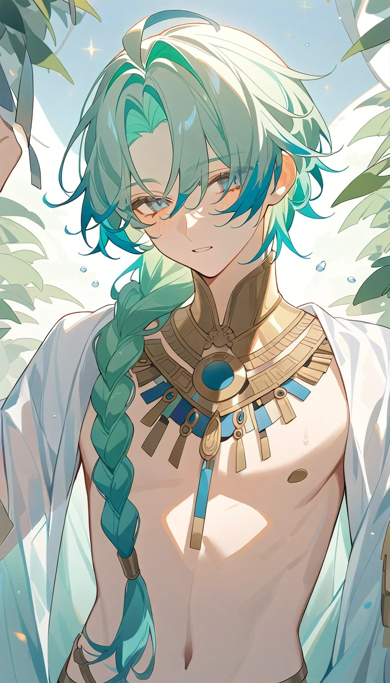 1 guy, pastel green hair with pastel blue highlights, long braid, elegant and ethereal facial features, revealing greek outfit.