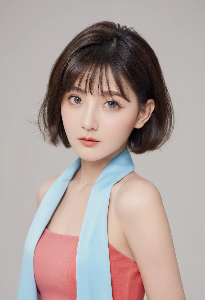 masterpiece, best quality, high resolution, Serena (Pokémon), short hair, blue eyes, 1 Girl, Solitary, Blue Ribbon, eyelash, Neck strap, sleeveless, Bangs, clavicle, bare arm, Pink skirt , Red Jacket, white background, front, No scenery, Looking at the audience,Upper Body, For the audience, solid color background, clean background, Facing the camera, high resolution, An expressionless and calm face, 白色background, Look away, simple_background