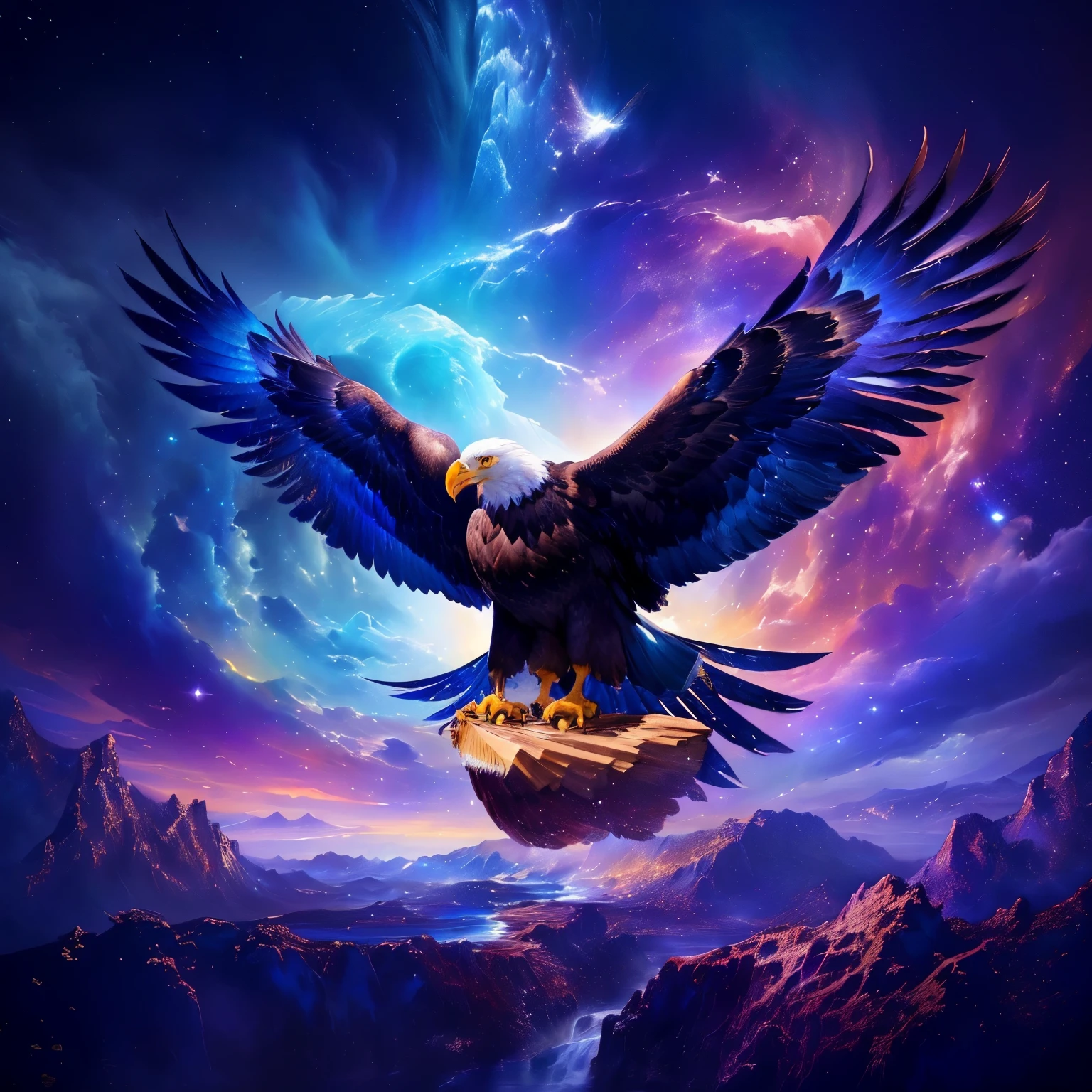 detailed entity 8k, epic surrealism oil painting 8k, a blue eagle with open wings, over a stream, holding a loaf of breade fantasy high quality, in the universe.highly realistic, Deliver me the cosmic vision, Eagle wings, Eagles, an Eagle flying, Eagle