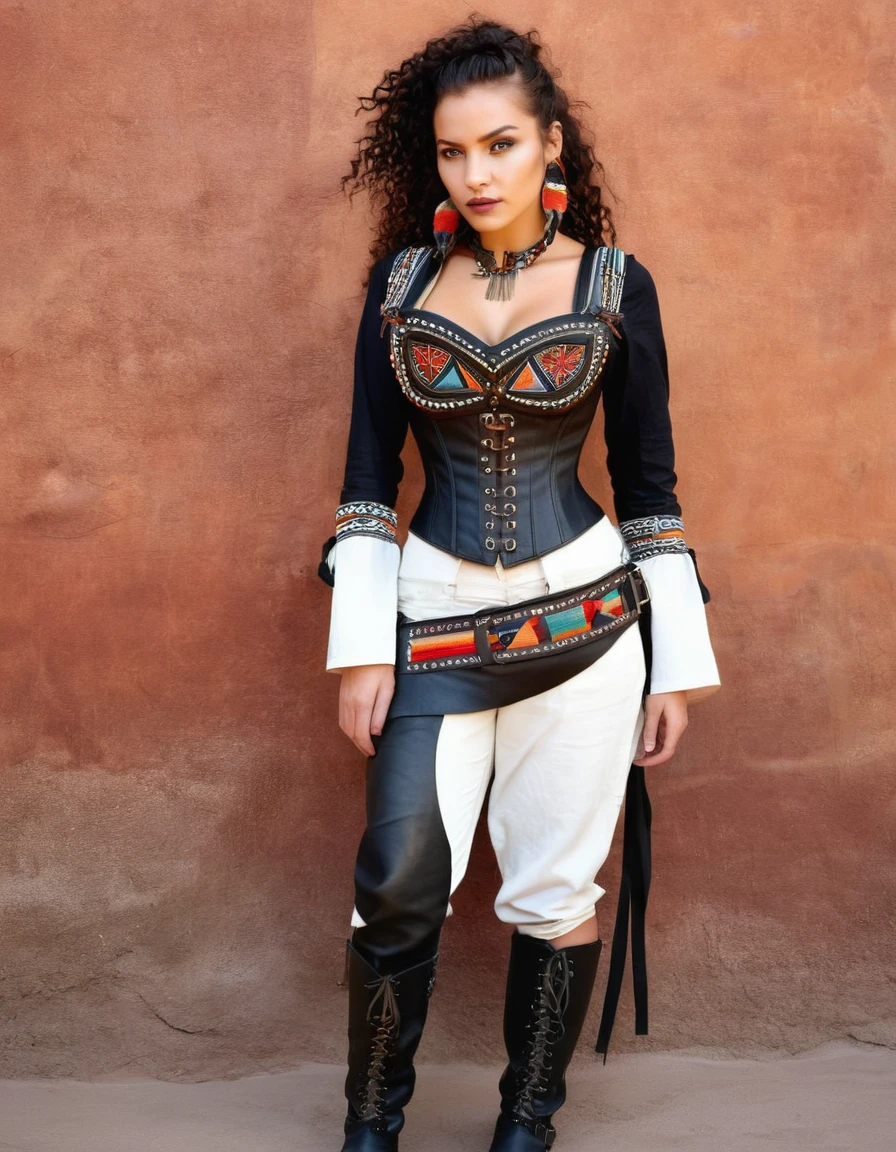  Rocker Indigenous Style**

**outfit:**
- **pants**: Black leather or denim glued, with indigenous embroidery on the sides and metal stud details.
- **shirt**: white, linen or cotton, with muisca embroidered details on the chest and sleeves. Long sleeves with decorative hanging fique.
- **corset**: dark brown leather, with metal buckle details and indigenous embroidery on the front and sides.

**accessories:**
- **Necklaces**: Multi-layered with seeds, wooden beads and natural stones. Some necklaces may have charms or animal figures.
- **BRACELET**: Braided leather and beads, with small metal and stone pendants.
- **belts**: wide, leather decorated with indigenous embroidery, large buckles and feather details.

**shoes:**
- **Boots**: Black or brown military shoes with metallic details and colored laces.

**make-up:**
- **Eyes**: Smoked with terracotta tones, gold and black, with intense eyeliner.
- **lips**: intense reds, matte or subtle shine.

**Additional details:**
- **skirts**: Long asymmetrical shoes made of light fabric with indigenous embroidery, worn over pants.
- **Ribbons**: Vibrant colors braided into curly hair, some loose and others decorative