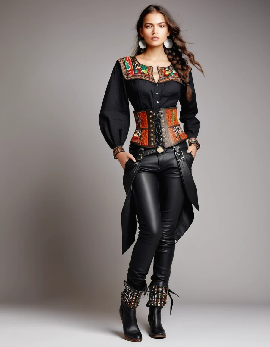 Rocker Indigenous Style**
**outfit:**
- **pants**: Black leather or denim glued, with indigenous embroidery on the sides and metal stud details.
- **shirt**: white, linen or cotton, with muisca embroidered details on the chest and sleeves. Long sleeves with decorative hanging fique.
- **corset**: dark brown leather, with metal buckle details and indigenous embroidery on the front and sides.
**accessories:**
- **Necklaces**: Multi-layered with seeds, wooden beads and natural stones. Some necklaces may have charms or animal figures.
- **BRACELET**: Braided leather and beads, with small metal and stone pendants.
- **belts**: wide, leather decorated with indigenous embroidery, large buckles and feather details.
**shoes:**
- **Boots**: Black or brown military shoes with metallic details and colored laces.
**make-up:**
- **Eyes**: Smoked with terracotta tones, gold and black, with intense eyeliner.
- **lips**: intense reds, matte or subtle shine.
**Additional details:**
- **skirts**: Long asymmetrical shoes made of light fabric with indigenous embroidery, worn over pants.
- **Ribbons**: Vibrant colors braided into curly hair, some loose and others decorative